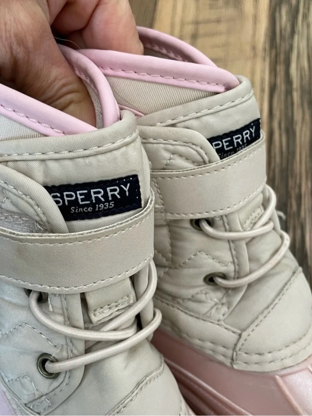 Sperry Two-Tone Cream and Light Pink Quilted Winter Boots